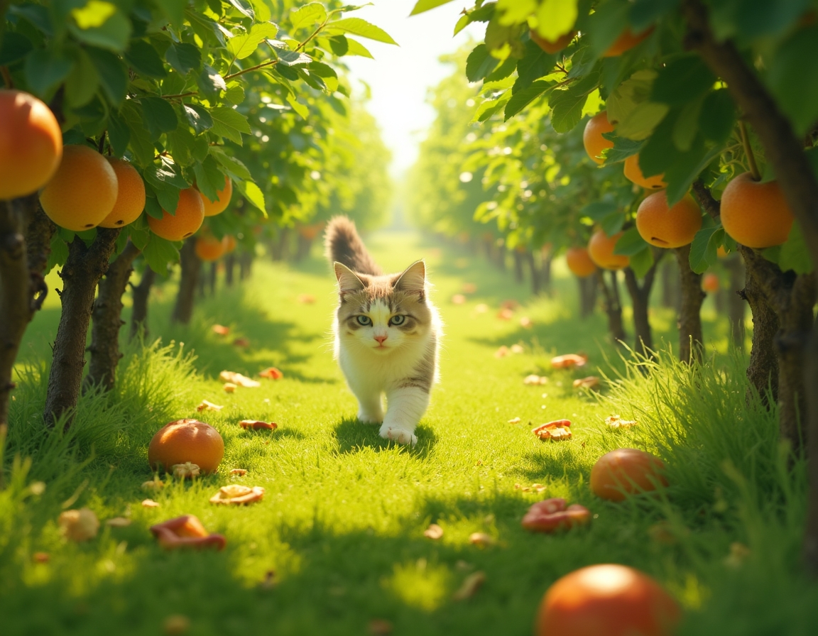 Cat explores an orchard filled with fragrant fruit and dappled sunlight.